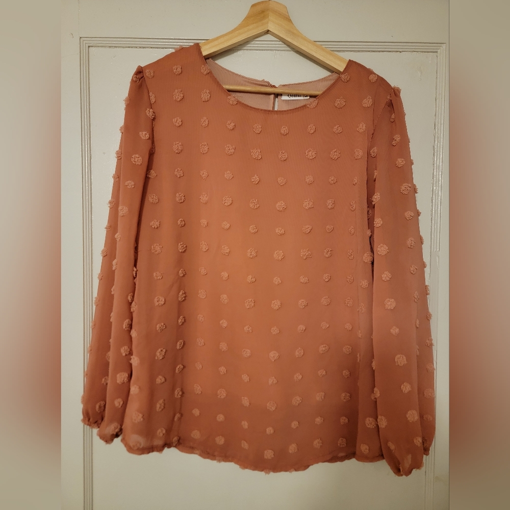 Chiffon Blouse Long Sleeve Pom Pom accents, peach pink color, size M